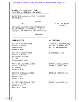 UNITED STATES DISTRICT COURT NORTHERN DISTRICT of NEW YORK KEVIN TRUDEAU and ALLIANCE PUBLISHING GROUP, INC., Plaintiffs