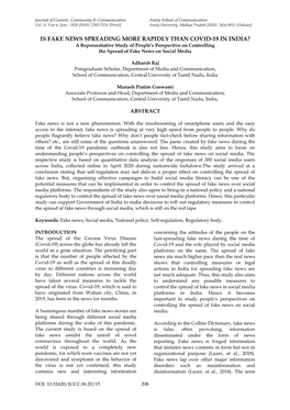 IS FAKE NEWS SPREADING MORE RAPIDLY THAN COVID-19 in INDIA? a Representative Study of People’S Perspective on Controlling the Spread of Fake News on Social Media