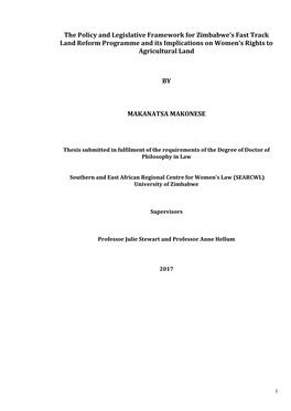 The Policy and Legislative Framework for Zimbabwe's Fast Track Land Reform Programme and Its Implications on Women's Rights