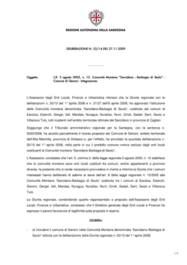 L'assessore Degli Enti Locali, Finanze E Urbanistica Riferisce Che La Giunta Regionale Con Le Deliberazioni N