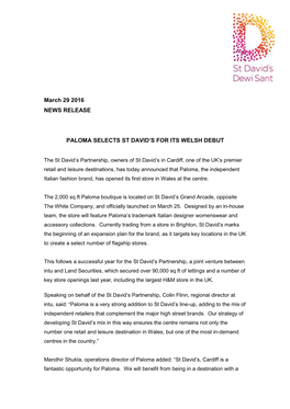 March 29 2016 NEWS RELEASE PALOMA SELECTS ST DAVID's