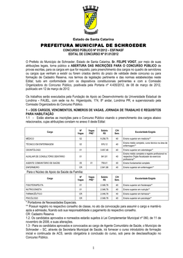 Prefeitura Municipal De Schroeder Concurso Público Nº 01/2012 – Esf/Nasf Edital De Concurso Nº 01.01/2012