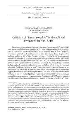 Criticism of “Fascist Nostalgia” in the Political Thought of the New Right