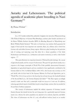 Autarky and Lebensraum. the Political Agenda of Academic Plant Breeding in Nazi Germany[1]