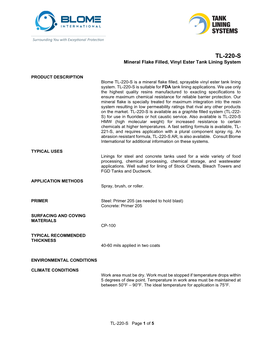 TL-220-S Mineral Flake Filled, Vinyl Ester Tank Lining System