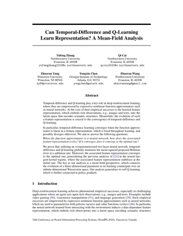 Can Temporal-Difference and Q-Learning Learn Representation? a Mean-Field Analysis