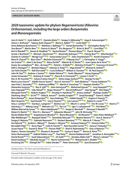2020 Taxonomic Update for Phylum Negarnaviricota (Riboviria: Orthornavirae), Including the Large Orders Bunyavirales and Mononegavirales