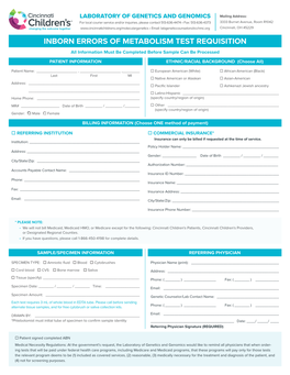 Inborn Errors of Metabolism Test Requisition