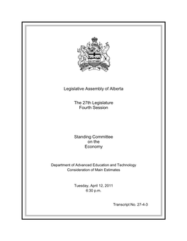 Legislative Assembly of Alberta the 27Th Legislature Fourth Session