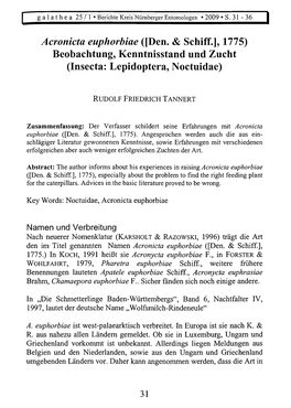 Acronicta Euphorbiae ([Den. & Schiff.], 1775) Beobachtung, Kenntnisstand Und Zucht (Insecta: Lepidoptera, Noctuidae)
