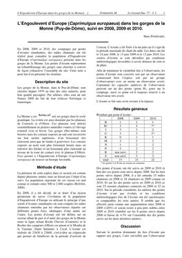 L'engoulevent D'europe (Caprimulgus Europaeus) Dans Les Gorges De La Monne (Puy-De-Dôme), Suivi En 2008, 2009 Et 2010