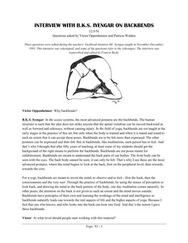INTERVIEW with B.K.S. IYENGAR on BACKBENDS 12/5/91 Questions Asked by Victor Oppenheimer and Patricia Walden