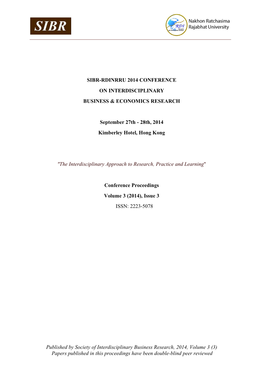 Published by Society of Interdisciplinary Business Research, 2014, Volume 3 (3) Papers Published in This Proceedings Have Been Double-Blind Peer Reviewed