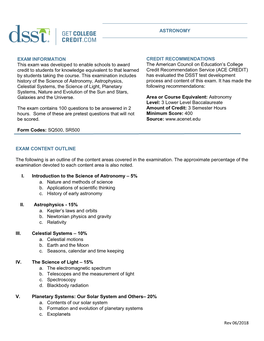 Rev 06/2018 ASTRONOMY EXAM CONTENT OUTLINE the Following