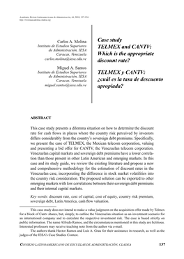 Telmex Y Cantv: De Administración, IESA Caracas, Venezuela ¿Cuál Es La Tasa De Descuento Miguel.Santos@Iesa.Edu.Ve Apropiada?