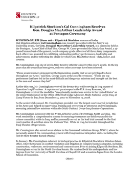 Kilpatrick Stockton's Cal Cunningham Receives Gen. Douglas Macarthur Leadership Award at Pentagon Ceremony