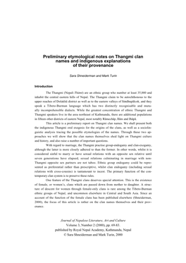 Preliminary Etymological Notes on Thangmi Clan Names and Indigenous Explanations of Their Provenance