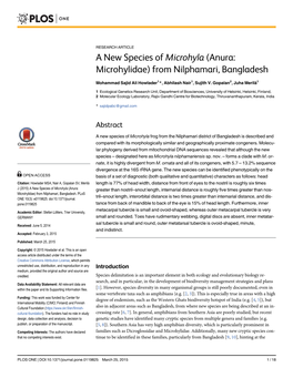 Journal.Pone.0119825 March 25, 2015 1/18 a New Species of Microhyla from Bangladesh