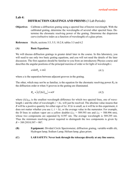 Lab 4: DIFFRACTION GRATINGS and PRISMS (3 Lab Periods)