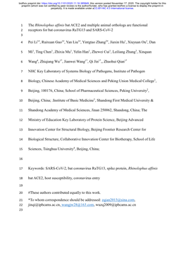 The Rhinolophus Affinis Bat ACE2 and Multiple Animal Orthologs Are Functional 2 Receptors for Bat Coronavirus Ratg13 and SARS-Cov-2 3