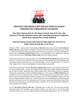 Bon Jovi's This House Is Not for Sale Tour to Launch