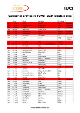 Calendrier Provisoire FCWB - 2021 Moutain Bike