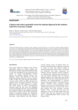 Lobsters and Crabs As Potential Vectors for Tunicate Dispersal in the Southern Gulf of St. Lawrence, Canada