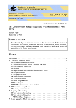The Commonwealth Budget: Process and Presentation (Updated April 2010)