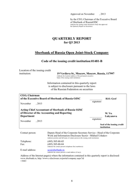 QUARTERLY REPORT Sberbank of Russia Open Joint-Stock