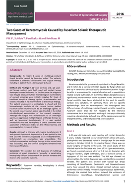 Two Cases of Keratomycosis Caused by Fusarium Solani: Therapeutic Management Fili S*, Schilde T, Perdikakis G and Kohlhaas M