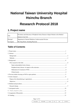National Taiwan University Hospital Hsinchu Branch Research Protocol 2018