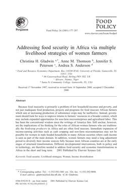Addressing Food Security in Africa Via Multiple Livelihood Strategies of Women Farmers Christina H