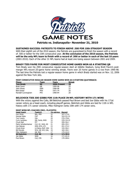 GAME NOTES Patriots Vs