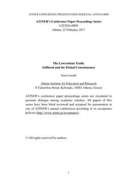 ATINER's Conference Paper Proceedings Series LIT2016-0009 Athens, 23 February 2017 the Lawrentian Truth: Selfhood and The