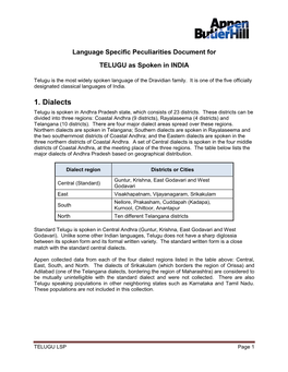 1. Dialects Telugu Is Spoken in Andhra Pradesh State, Which Consists of 23 Districts