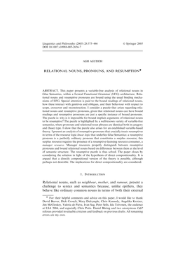 RELATIONAL NOUNS, PRONOUNS, and Resumptionw Relational Nouns, Such As Neighbour, Mother, and Rumour, Present a Challenge to Synt