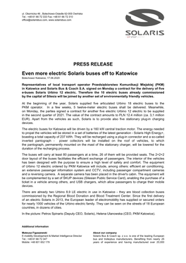 PRESS RELEASE Even More Electric Solaris Buses Off to Katowice