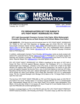 FS1 Broadcasters Set for Sunday's UFC FIGHT NIGHT: RODRIGUEZ