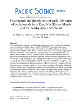 First Records and Descriptions of Early-Life Stages of Cephalopods from Rapa Nui (Easter Island) and the Nearby Apolo Seamount