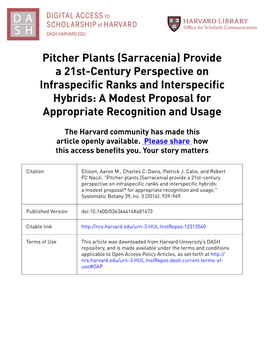 (Sarracenia) Provide a 21St-Century Perspective on Infraspecific Ranks and Interspecific Hybrids: a Modest Proposal for Appropriate Recognition and Usage