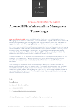 Automobili Pininfarina Confirms Management Team Changes