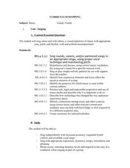 CURRICULUM MAPPING Subject:​Music Grade: Fourth I. Unit