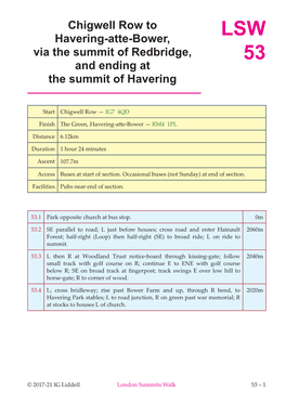 Chigwell Row to Havering-Atte-Bower, LSW Via the Summit of Redbridge, 53 and Ending at the Summit of Havering
