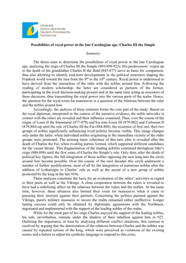 Possibilities of Royal Power in the Late Carolingian Age: Charles III the Simple