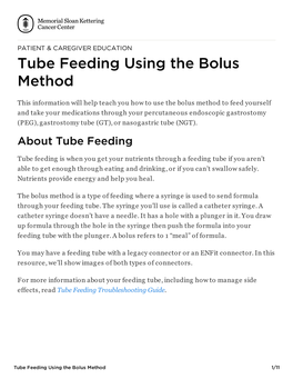 Tube Feeding Using the Bolus Method | Memorial Sloan Kettering Cancer Center