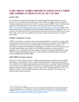 Faqs About Cobra Premium Assistance Under the American Rescue Plan Act of 2021