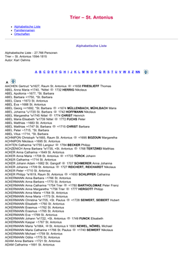 ABC-Listen Zu Familienbuch Rk. Trier-St. Antonius 1594-1815