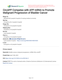 Circapp Competes with APP Mrna to Promote Malignant Progression of Bladder Cancer