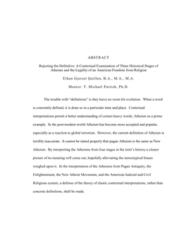 A Contextual Examination of Three Historical Stages of Atheism and the Legality of an American Freedom from Religion