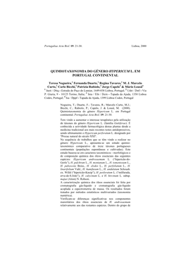 Quimiotaxonomia Do Género Hypericum L. Em Portugal Continental